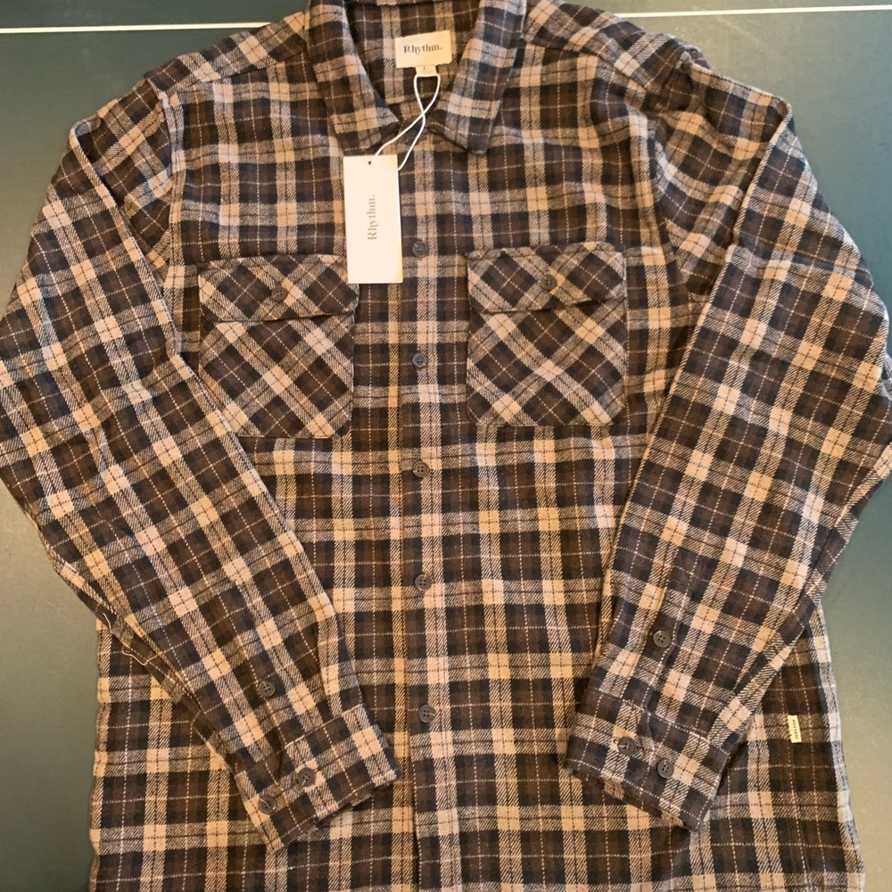 Rhythm Men’s Wool Blend Flannel Button Down Shirt Large Plaid Brown